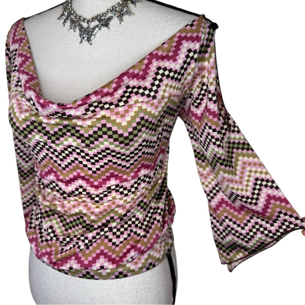 Y2K Julie’s Closet Pink Geometric Cowl Neck Flare 3/4 Sleeve Top Size Large